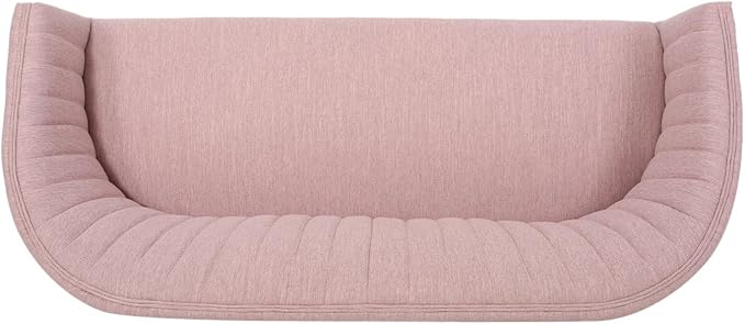 Blush Fabric Loveseat Sofa - Mid Century Modern Channel Stitched Backrest with Brown Rubberwood Legs for Living Room Bedroom or Foyer