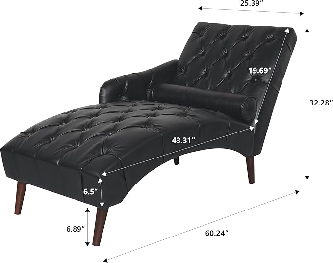 Luxury Indoor Recliner Chair with Pillow &amp Wooden Legs - Tufted Back &amp Arms PU Leather Lounge Chair for Living Room/Bedroom (Black)