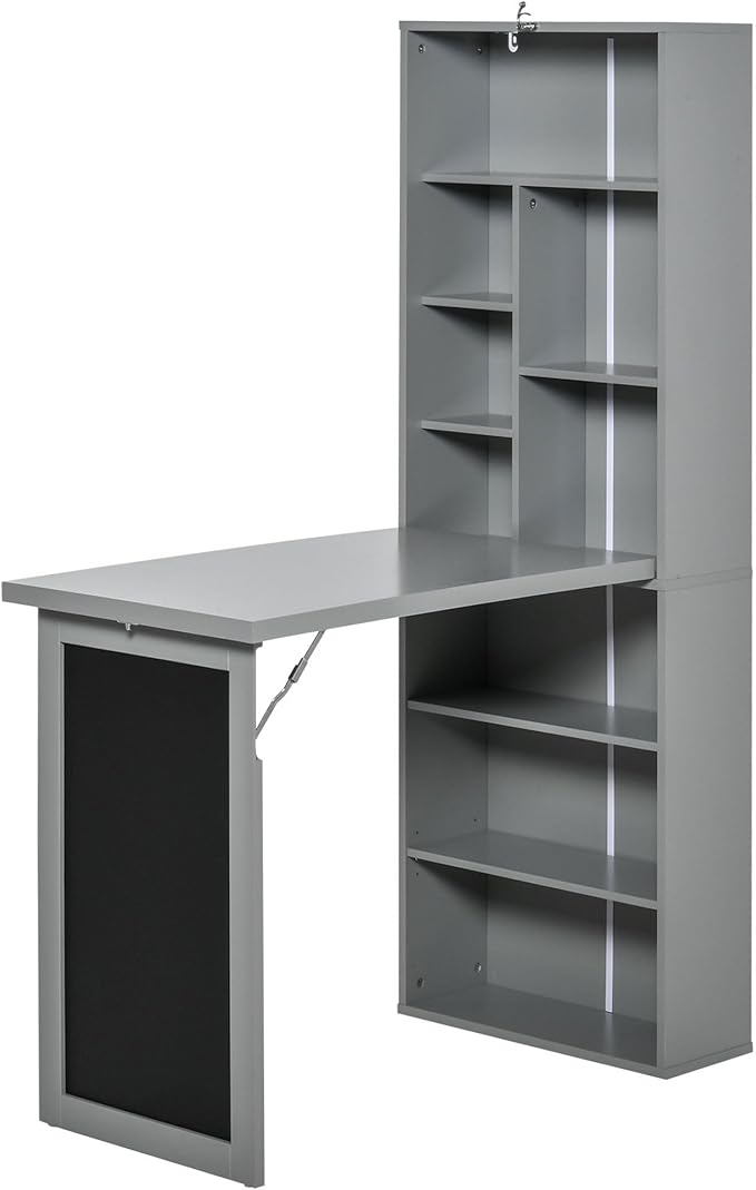 Folding Wall Mounted Desk with Storage Expandable Hidden Computer Desk Foldable Space-Saving Pull Out Murphy Table Writing Table with Blackboard for Home Office Bedroom Small Spaces (Charcoal grey)