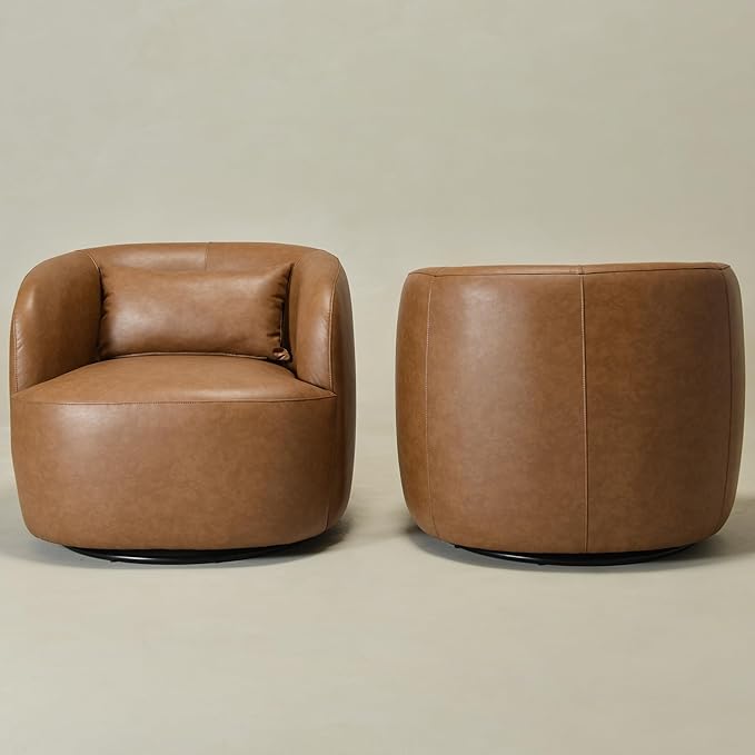KINWELL Faux Leather Swivel Armchair Set of 2 No Assembly Upholstered PU Leather Swivel Accent Chairs with Toss Pillow for Living Room Office Lounge Camel