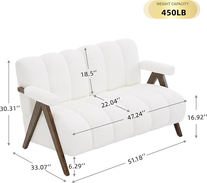 Mid Century Modern Accent Chair Loveseat Sofa with Solid Wood Frame Boucle Upholstered Living Room Chairs with Thick Cushion Comfy Tufted Arm Chair for Bedroom Ivory