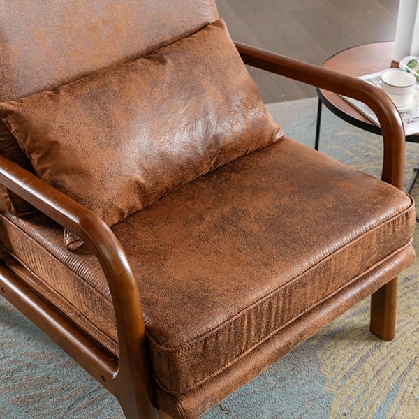 Accent Chair - Mid-Century Modern Chairs Living Room Furniture Set Bedroom Reading Solid Wood Arm Chair w/Lumber Pillow Comfy Cushion Ergonomic Lounge Armchair Office Side Chair (Coffee Set of 1)