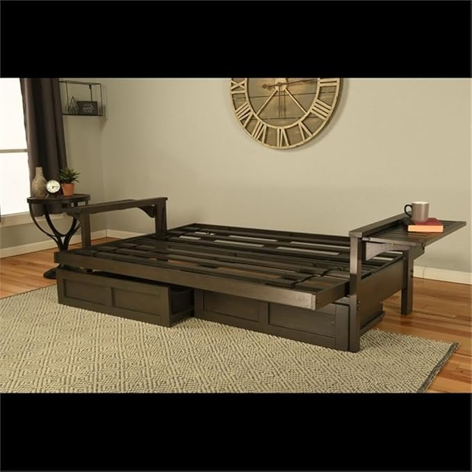 Kodiak Furniture Alamosa Full Size Futon Frame with Storage Drawers - Wood Sofa Sleeper Frame with Mattress Included in Linen Gray Color