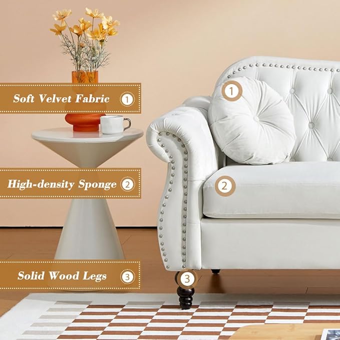 3 Seater Chesterfield Sofa Velvet Modern Tufted Velvet Couch with Scroll Arms and Nailhead Classic Chesterfield Settee Couches (White)