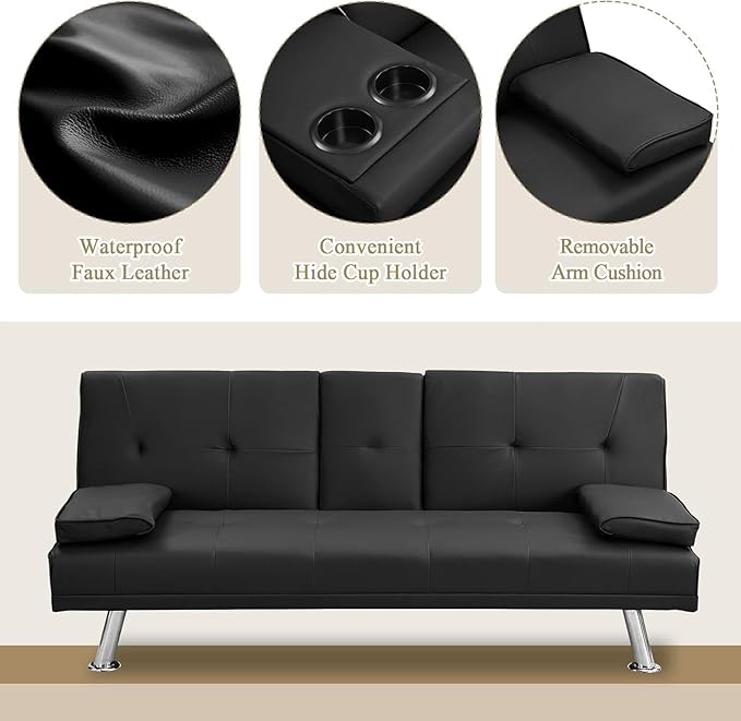 Convertible Folding Futon Sofa Bed with Metal Legs &amp 2 Cupholders Modern New Upholstered Couch Loveseat Sleeper Folding Couches Bed Removable Armrests for Small Spaces (Black)