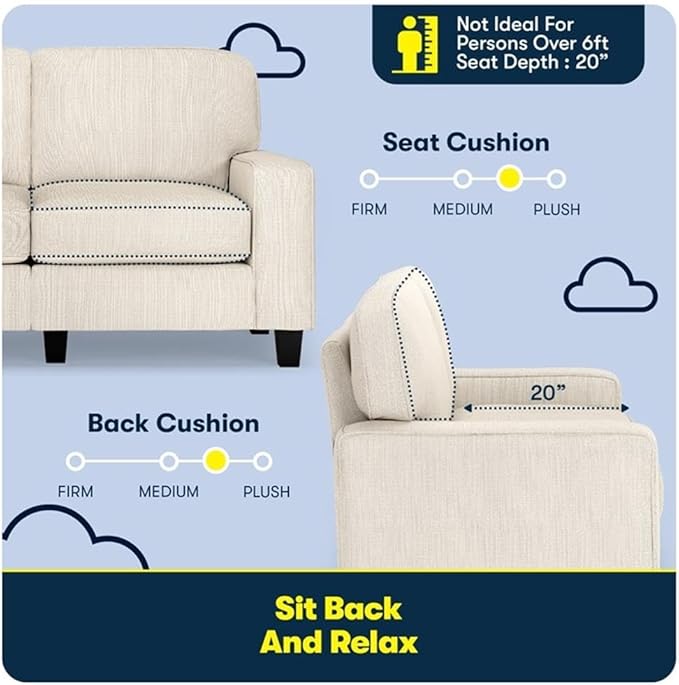 Pemberly Row 61 Track Arm Loveseat Sofa Buckwheat Polyester Removable Cushion Covers Compact Space-Saving Furniture Modern Classic Design for Small Apartments Living Rooms or Home Offices