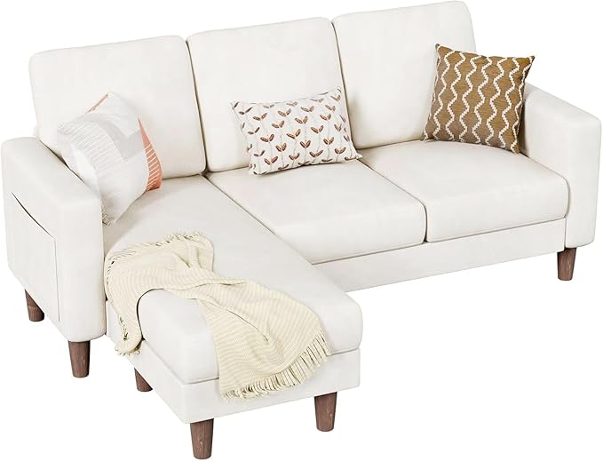 Homall Convertible Sectional Sofa 3 Seat L Shaped Couch with Side Storage Pocket Sofas with Movable Ottoman Small Linen Couches for Living Room &amp Apartment (Linen Fabric White)