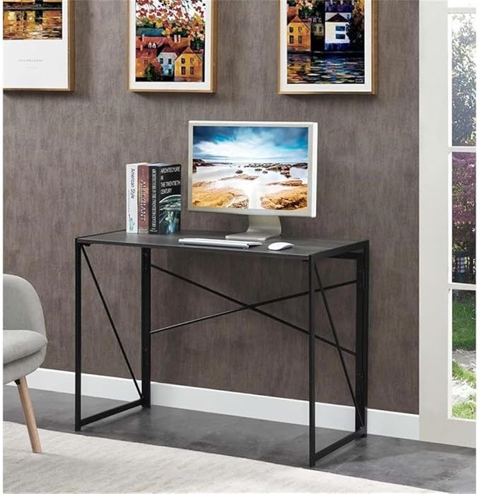 Pemberly Row Folding Desk 39 in L x 19.75 in W x 29.5 in H Gray Wood Finish Black Powder-Coated Metal Frame Compact Particleboard Workspace Easy Assembly Home Office or Study Desk