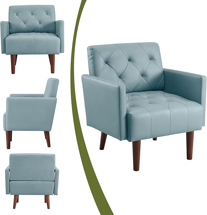 Faux Leather Accent Chair Modern PU Armchair Retro Tufted Upholstered Arm Chair Comfy Leather Club Chair Single Sofa for Living Room Bedroom Reading Room Apartment (Blue)