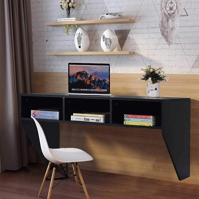 Giantex Wall Mounted Desk Floating Computer Desk Writing Study Table W/3 Storage Shelves Laptop PC Table for Living Room Bedroom Office (Black)