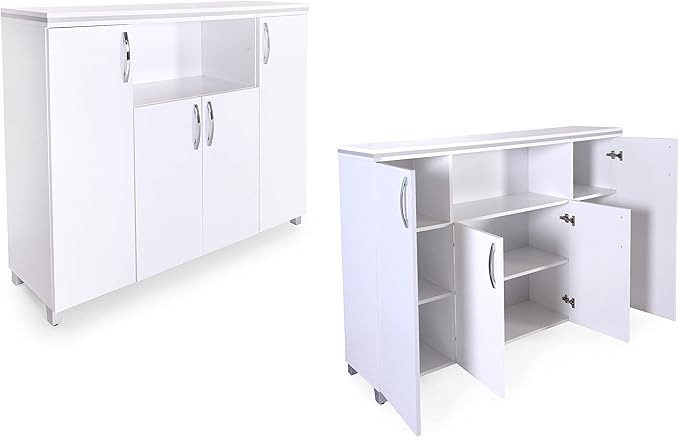 71 Wood Office Furniture Set of 4pcs | Modern Executive Desk | Credenza w/Keyboard Shelf | Large Storage Cabinet w/Chrome Handles &amp Legs | Coffee Table | Sturdy Home Workstation | White