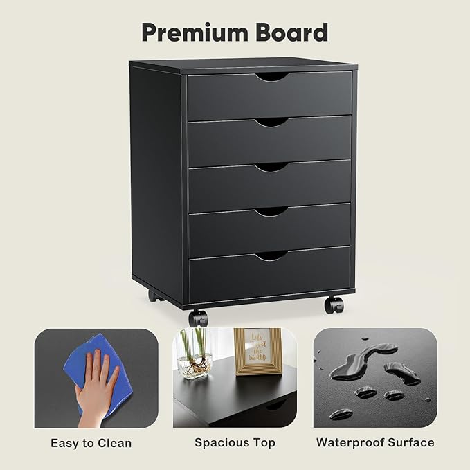 OLIXIS 5 Drawer Mobile File Cabinet Under Desk Storage Organization with Wheels Vertical Filing Chest Rolling Wood Small Desk Printer Stand for Home Office 15.75D x 18.74W x 25.39H Black