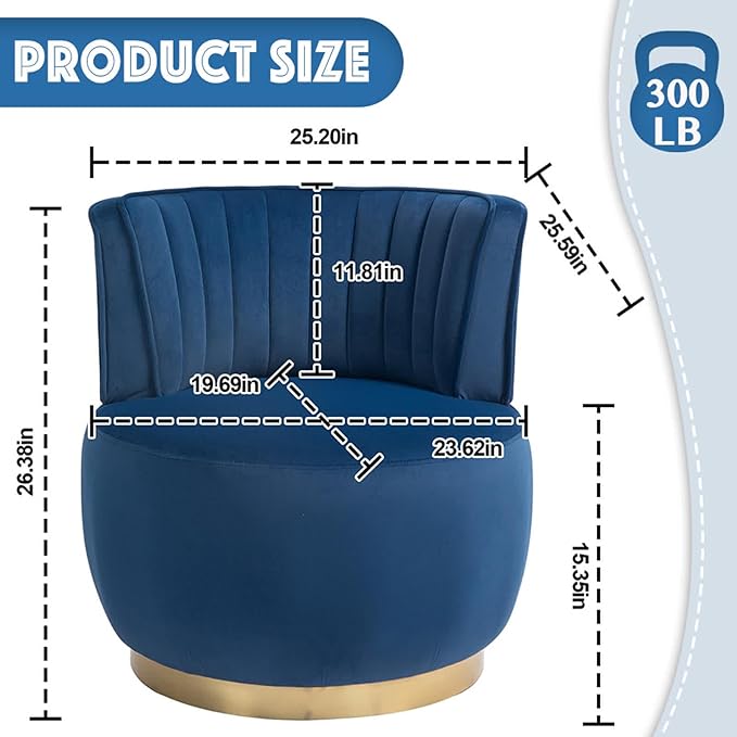 360 Swivel Barrel Chair Velvet Modern Accent Chair Upholstered Mid Century Comfy Arm Chair Round Sherpa Side Chair for Nursery Living Room Bedroom Office Waiting Room Blue