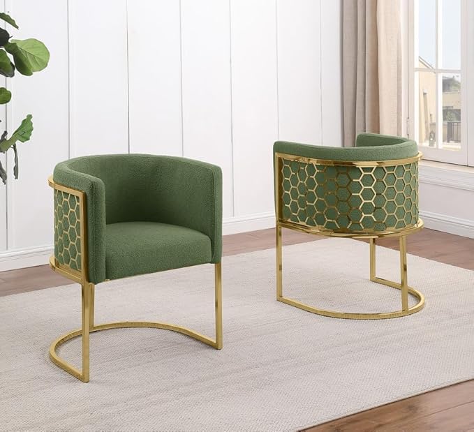 Modern Honeycomb Armchairs with Chrome Base Silver or Gold Frame Options (Teddy Fabric Green/Gold Side Chair)