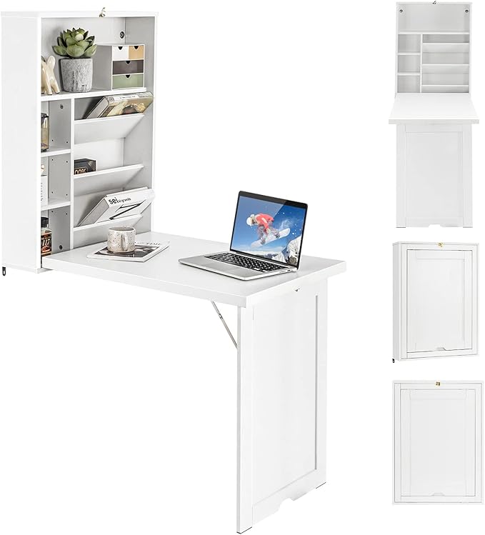 GOFLAME Wall Mounted Folding Desk 3-Tier Tilt Storage Partition With Adjustable Shelves Space-Saving Floating Laptop Desk Convertible Writing Table for Home Office White