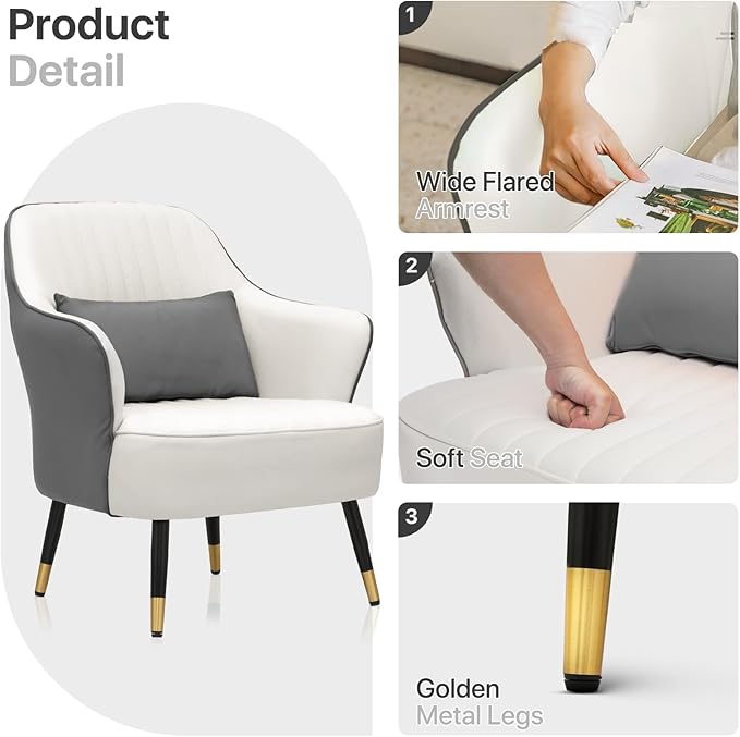 Accent Chair with Lumbar Pillow Comfy Reading Chair Mid Century Modern Barrel Chair Upholstered Single Sofa Chair with Metal Legs for Living Room Bedroom White &amp Grey