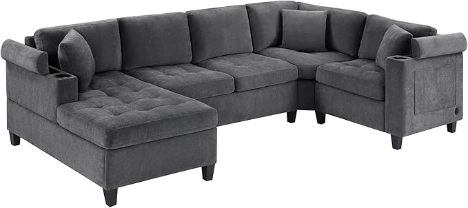 Modern U-Shaped Sectional Sofa 115.7 Corner Sectional Living Room Couch Oversized Sectional with Built-in Cup Holders Storage Space and USB Ports for Living Room (Grey-X22)