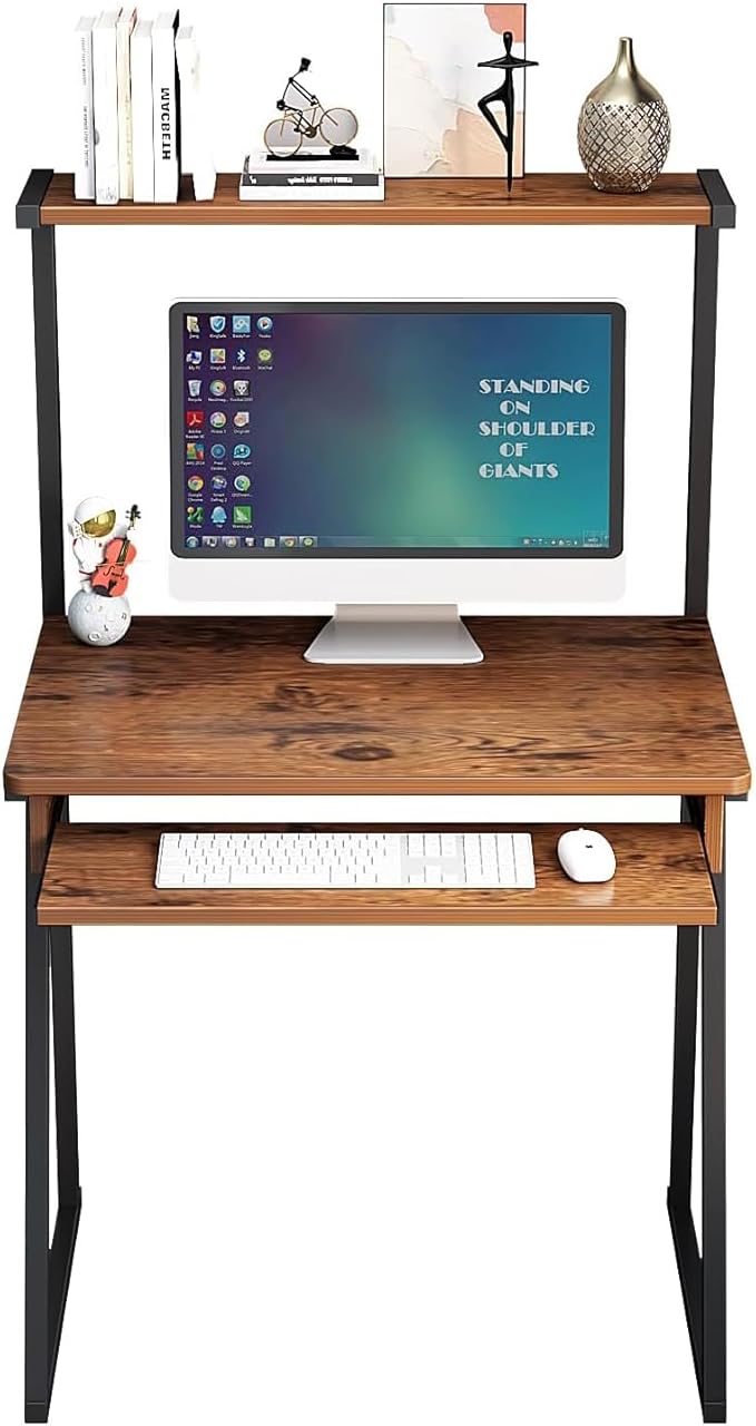 2-Tier Computer Desk with Keyboard Tray28 Inch Ladder Desk Home Office Writing Desk with Storage Hutch for Small Space Modern Writting Table (Brown)