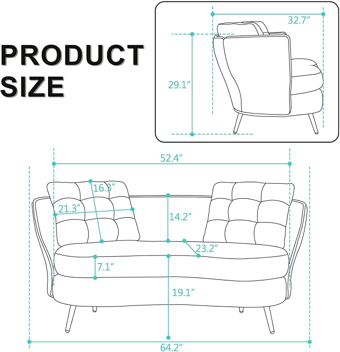 64 Inch Curved Loveseat Small Loveseat Sofa for Small Space Modern Couch &amp Office Sofa for Bedroom Livingroom 2 Pillows Gold Legs (Grey)