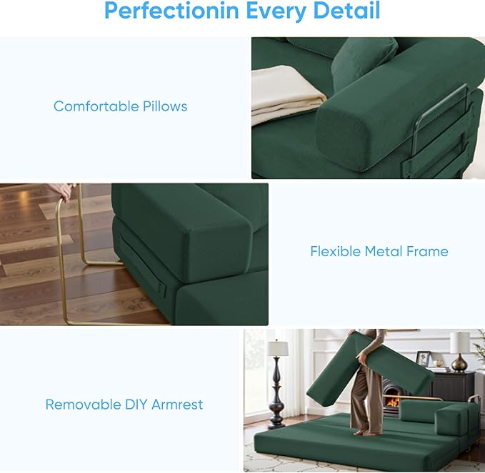 Mjkone 78.7 W Convertible Folding Mattress Couch with Armrest Corduroy Floor Sofa Bed with Metal Fixed-Shape Frame 5-in-1 DIY Futon Lazy Sofa Cama Lounge Couch for Living Room Bedroom Studio Green