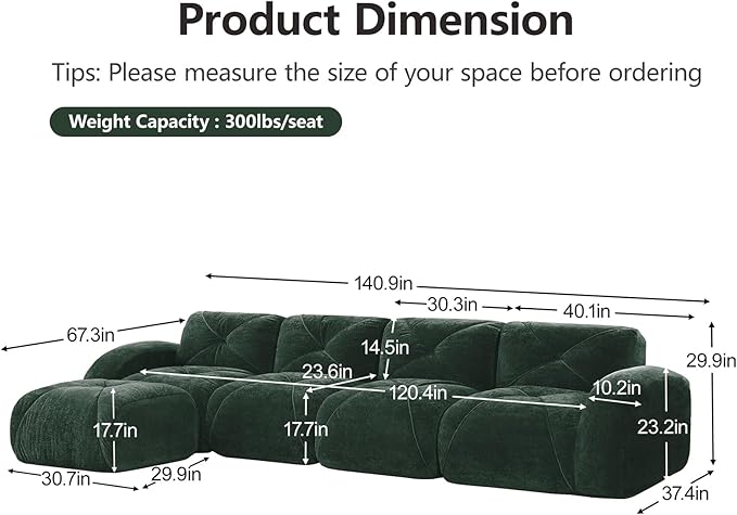 140.9'' Modular L Shaped Sectional Couches for Living Room Modern Velvet Cozy Boneless Sofa with 1 Ottoman No Assembly Required Comfy Couch Green Cloud Boneless Couch in a Box Sofas para Sala