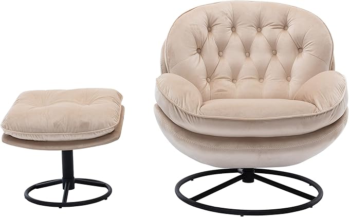 TRIPLE TREE Velvet Accent Chair with Ottoman 360 Degree Swivel Lounge Armchair with Metal Base Comfy TV Chair Recliner Chair for Living Room Bedroom Reading Room Office Beige