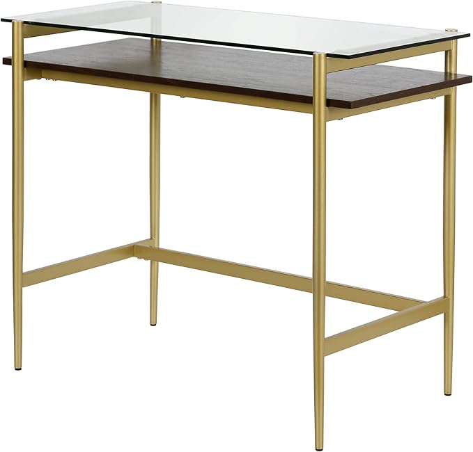 Henn&ampHart 36 Mid-Century Modern Rectangular Glass Home Office Desk Computer Desk Writing Table with Open Lower Storage Shelf for Home Office Gold/Amber Brown