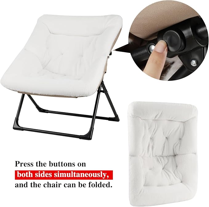 Comfy Saucer Chair for Adults Soft Faux Fur Bedroom Chair with Ottoman Accent Dorm Chairs Living Room Reading Chairs and Footstool Folding Seat for Teens X-Large White