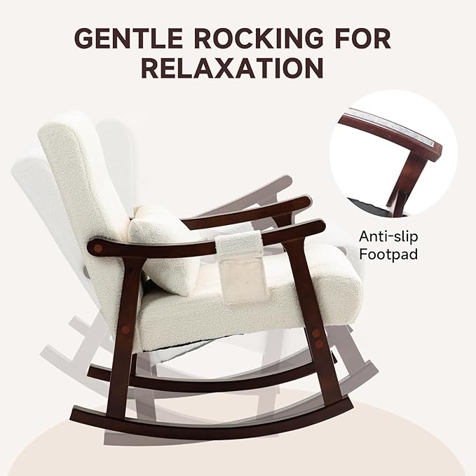 AVAWING Teddy Upholstered Rocking Chair Set of 2 Small Glider Rocker with 2-Point Massage Lumbar Pillow and Solid Wood Legs for Nursery and Living Room White