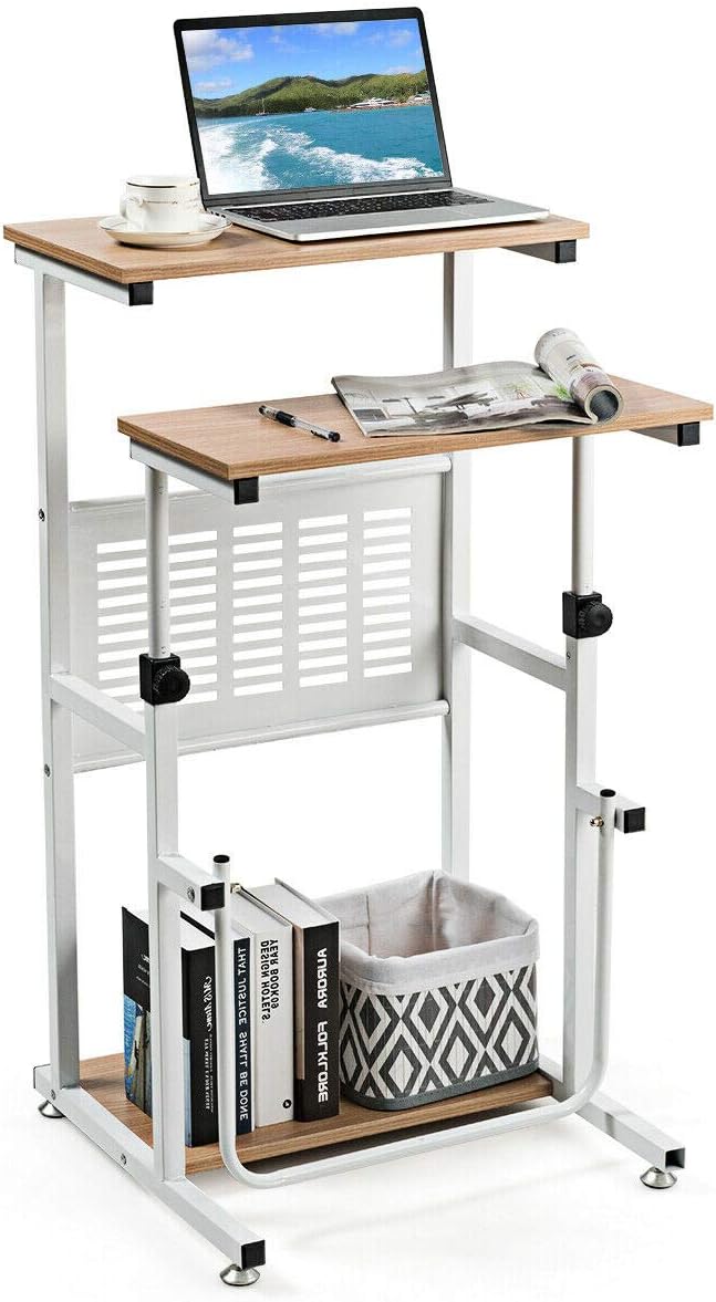 Tangkula Small Standing Desk Height Adjustable Teacher Podium Stand Compact Standing Table Lectern Podium Laptop Desk with Footrest Suitable for Sitting or Standing