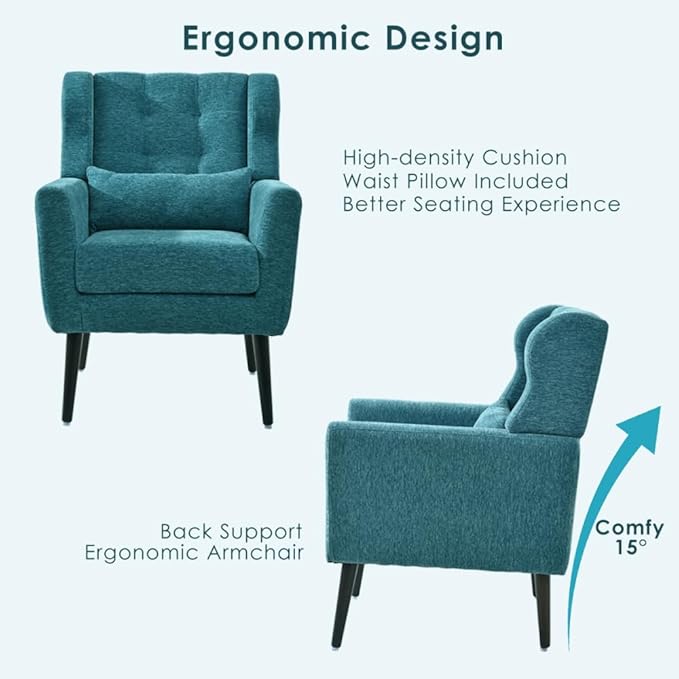 Modern Accent ChairChenille Arm Chairs for Living RoomUpholstered Mordern ArmchairComfy Soft Padded Lounge Chair in Small Space Bedroom w/Pillow Solid Wood Leg (Teal + Chenille)