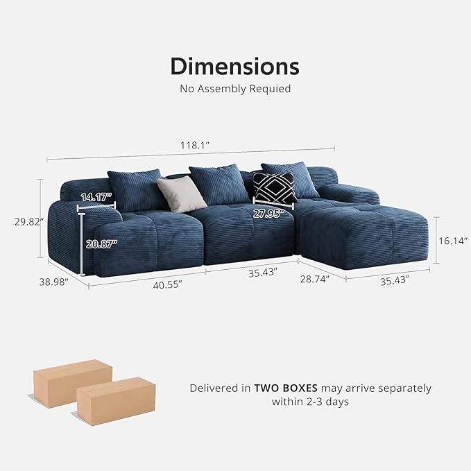 118 Oversized 3-Seater Cloud CouchL-Shaped Boneless Couch Modern Corduroy Upholstery couches for Living Room Modular sectional SofaMovable Ottoman No Assembly Required (Blue)