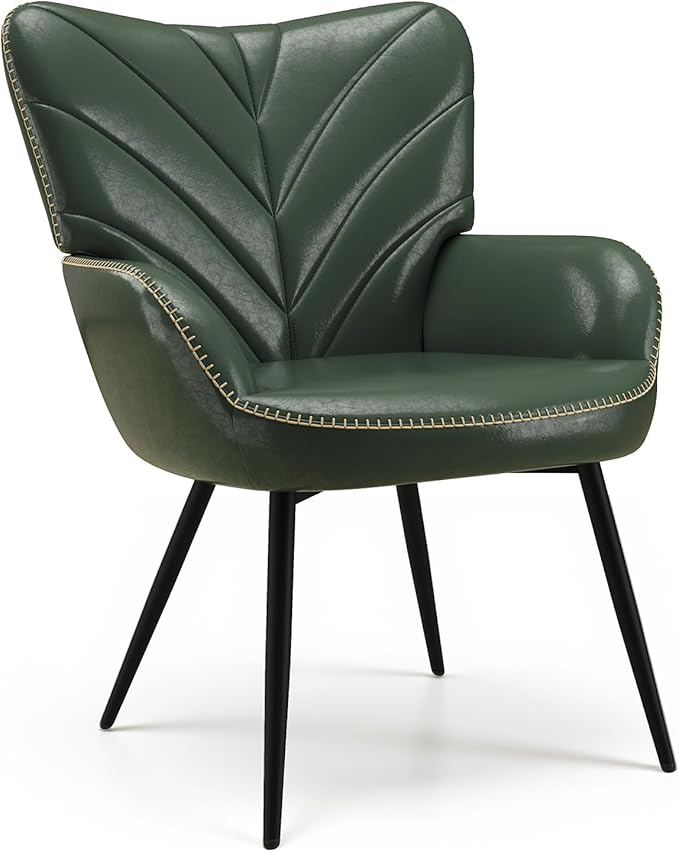 Mid-Century Modern Green Faux Leather Accent Chair Upholstered Armchair for Living Room/Bedroom/Reading Corner Curved Back &amp Padded Arms High-Density Cushion Metal Legs Easy-to-Clean Design