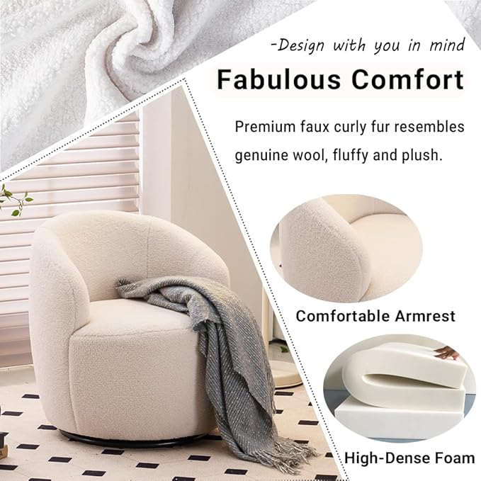 Antetek Small Swivel Chair Club 360 Degree Swivel Barrel Chair Modern Leisure Arm Chair for Nursery Living Room Hotel Bedroom Office Lounge Ivory