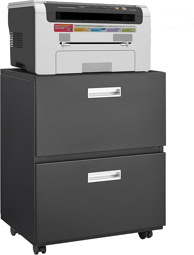 2 Drawer Small File Cabinet with Lock Under Desk Storage Organizer Metal Filing Cabinets for Home Office Mobile Pedestal Locking DrawersBlack
