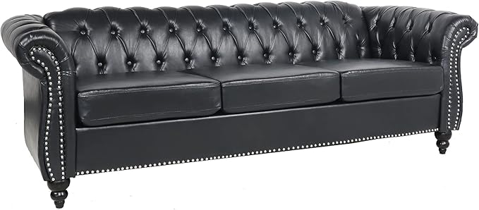 LEVNARY Chesterfield Sofa Classic Tufted Upholstered Leather Couch Modern 3 Seater Couch Furniture with Tufted Back for Living Room Office (Black)