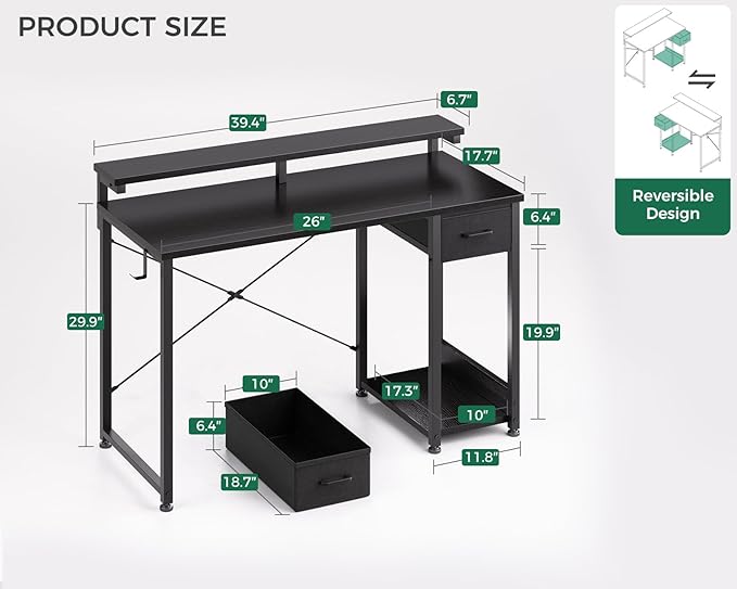 AODK Gaming Desk with LED Lights 40 Inch Computer Desk with Drawers Reversible Small Desk with Monitor Stand &amp Headphone Hook for Home Bedroom Black