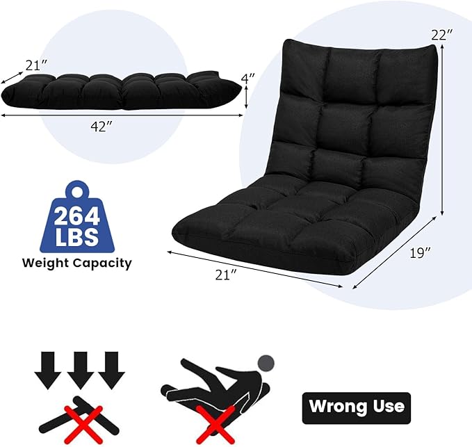 ERGOMASTER Modern Black Adjustable 14-Position Floor Chair Gaming Reading Recliner Linen Fabric 264 lbs Capacity