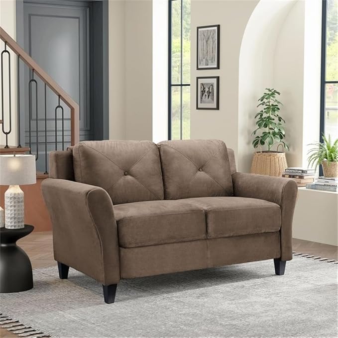 BOWERY HILL Transitional Set of 2 Solid Hardwood Frame Brown Microfiber Upholstered Stationary Sofa &amp Loveseat with Tufted Back Cushions