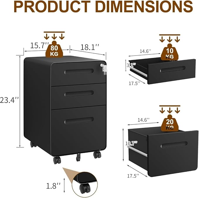 Mobile File Cabinet 3 Drawers File Cabinet Mobile Filing with Lock Steel Fully Assembled Except Casters for Home Office for A4 Letter(White)