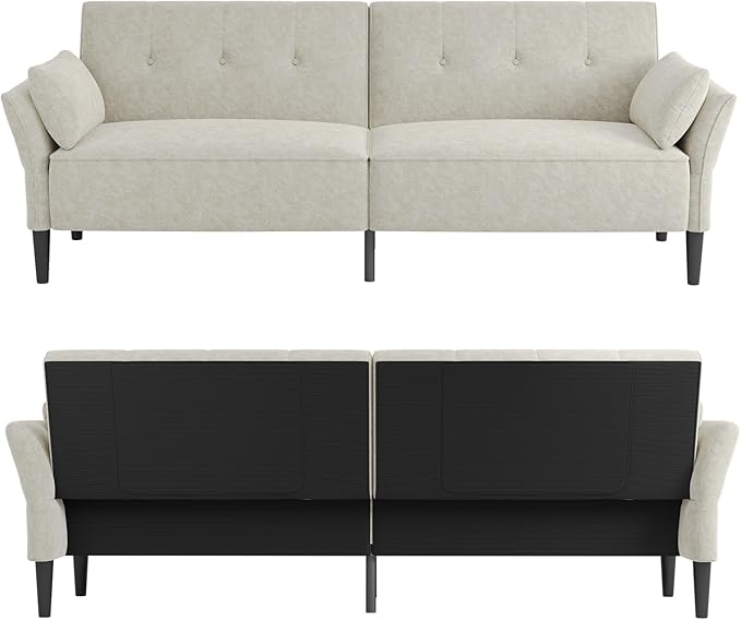 89” Futon Sofa Bed Comfy Futon Couch Bed with 2 Square PillowsConvertible Sleeper Sofa with Adjustable Backrest&amp Armrests Modern Loveseat Sleeper for Living RoomVelvet Fabric White