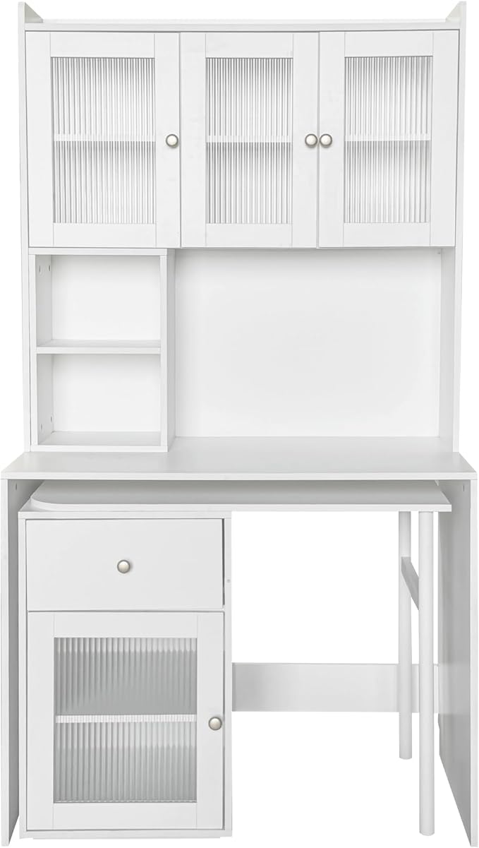 Computer Desk with Glass Door Home Office DesksConvertible Executive Desk with Bookshelf &amp HutchWriting Secretary Table with 90 Degree Rotating DesktopLarge Working Space