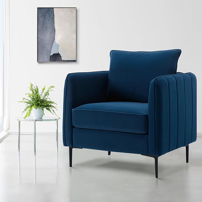 Mid Century Modern Accent Chair Comfy Upholstered Single Sofa Chair with Thick Cushion Velvet Armchair with Black Metal Legs Side Chair for Living Room Bedroom Apartment (Blue)