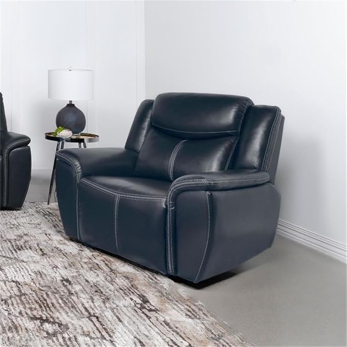 Pemberly Row Faux Leather Upholstered Motion Recliner Chair Blue Manual Recline Wall Hugger Design Pocket Coil Spring Seat 40.25 H x 55 W x 39.25 D Comfortable Foam Cushions for Living Room