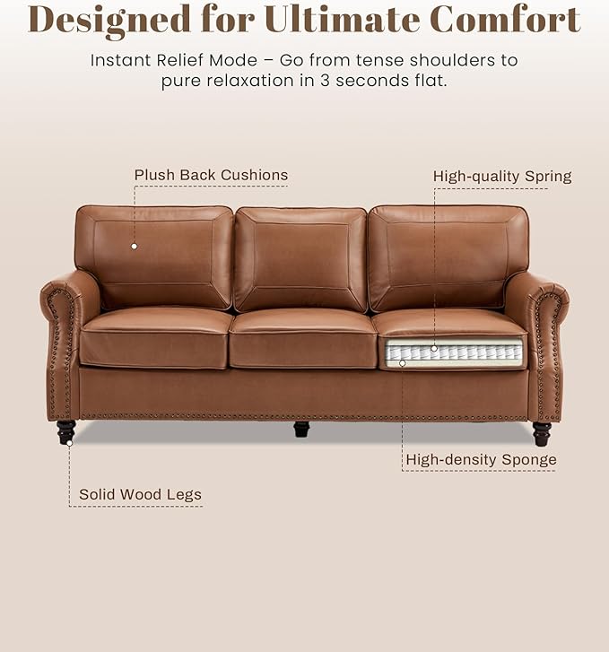 WILLOVE 79'' Faux Leather Sofa Classic 3 Seater Leather Couch with Rolled Arm and Nailhead Trim Mid-Century Modern Couch for Living Room Apartment Easy to Install Brown