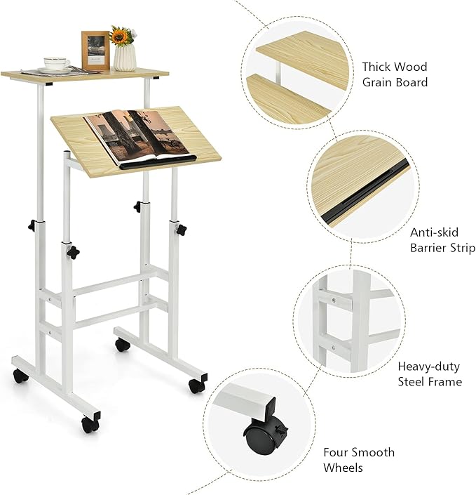 Standing Desk Height Adjustable Sit-Stand Desk with Tilting Top Mobile Workstation for Home &amp Office (Natural)