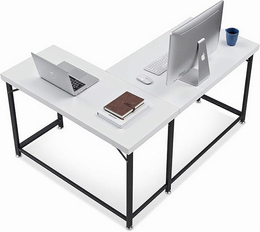ivinta L Shaped Desk Modern Corner Home Office Computer Desk with 2 Thicker Desktop for Study Work Simple Reversible Worksation with Metal Frame for Bedroom Living Room Novas (White)
