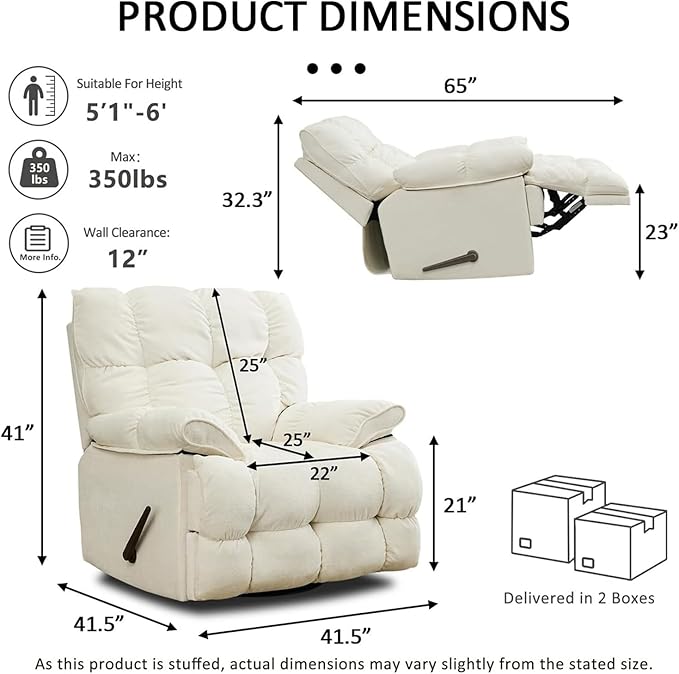 Oversized Rocker Recliner Chair for AdultsOverstuffed 360° Swivel Rocking Recliner Extra Wide Breathable Fabric Manual Reclining Single Sofa for Living Room (White)