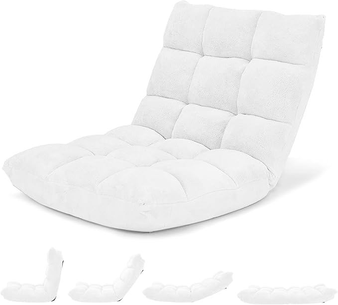 Giantex Floor Chair with Back Support 14 Adjustable Position Padded Sleeper Bed Couch Recliner Folding Gaming Floor Chairs for Adults Living Room Bedroom Yoga Meditation White