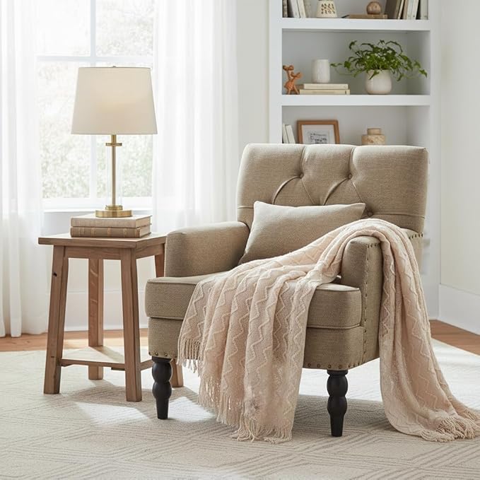 HUIMO Tufted Club ChairAccent Chair with Lumbar Pillow Upholstered Button Armchair Linen Fabric Sofa Chairs for Bedroom Living Room Mid Century Modern with Studded Reading Chair Brown